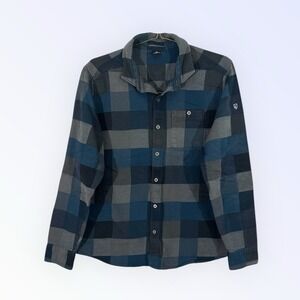 Kuhl Pixelatr Flannel Shirt Mens L Blue Plaid Pocket Outdoor Casual Button Up
